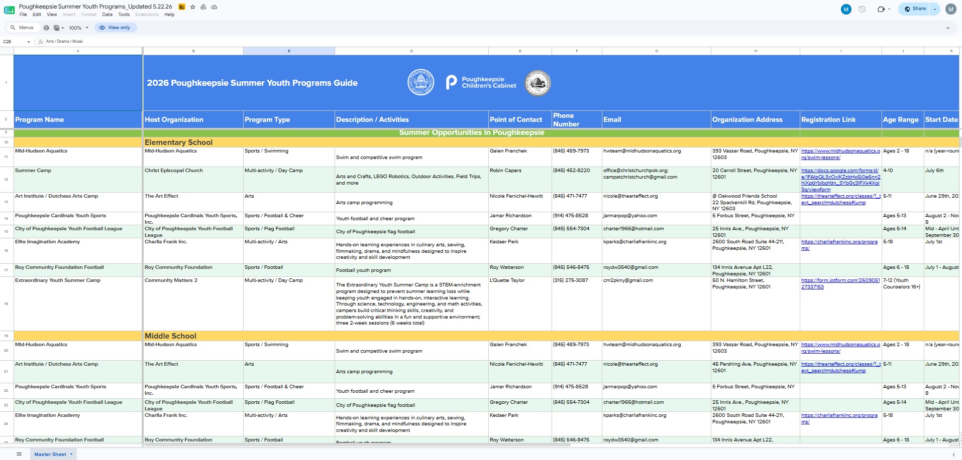 A spreadsheet showing the 2026 Summer Programs Guide